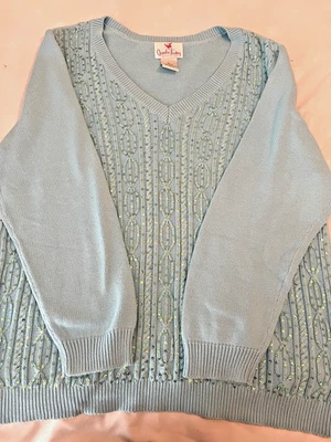 Quacker factory sweater xl blue sequin V neck Cotton Cable knit - Image 1 of 4