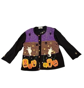 Jack B Quick Bead & Embroidery Button Sweater Cardigan Ghost Pumpkin Women's XL - Picture 1 of 13