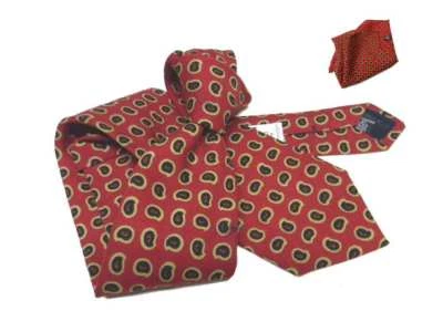 Cravatta lana uomo rosso bordeau paisley neri beige e abbinata completa pochette - Immagine 1 di 4