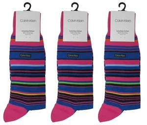 NEW 3-PAIRS Calvin Klein Barcode Multi-Stripe Casual Men's Crew Socks MAGENTA  - Picture 1 of 7