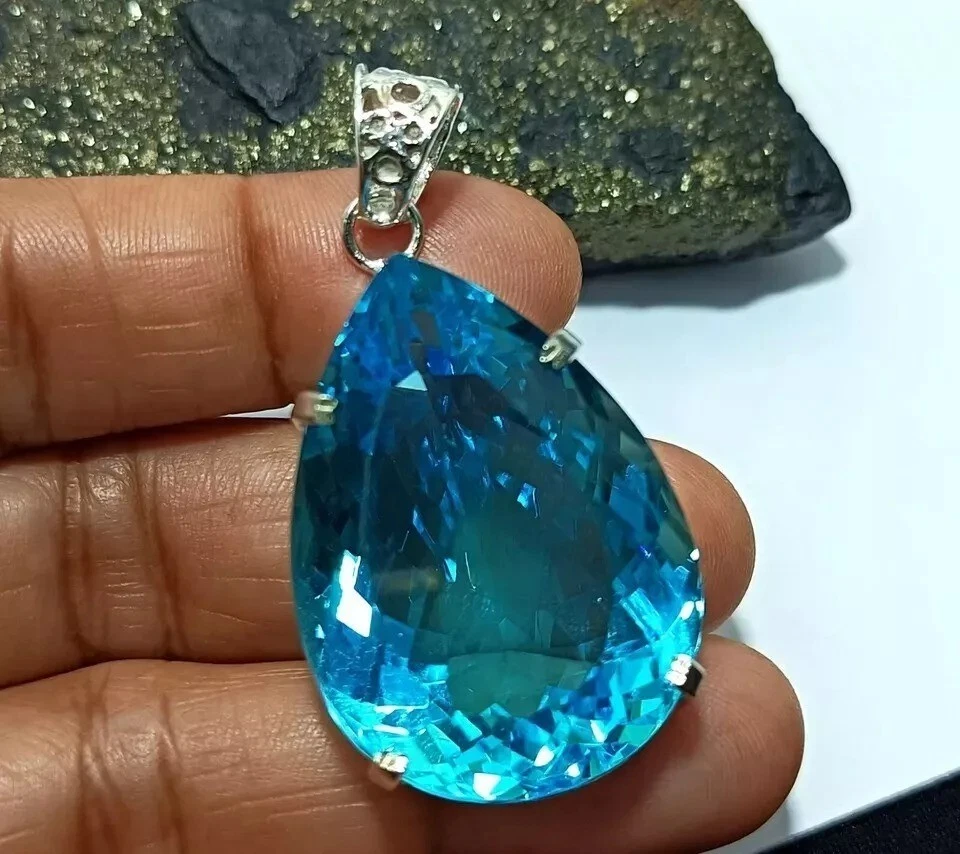 Natural 98 Ct+ Aquamarine Topaz 925 Solid Silver Pendant Pear Cut Gemstone - Image 1 of 4