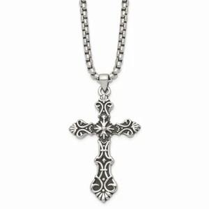 Stainless Steel Polished and Antiqued Cross Necklace - Picture 1 of 3