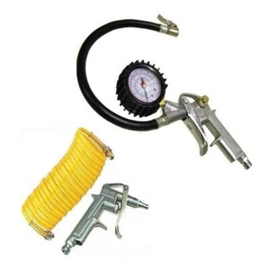 1/4 BSP ALLOY TYRE INFLATOR WITH GAUGE & AIR DUST BLOW GUN & 25FT RECOILING HOSE - Picture 1 of 3