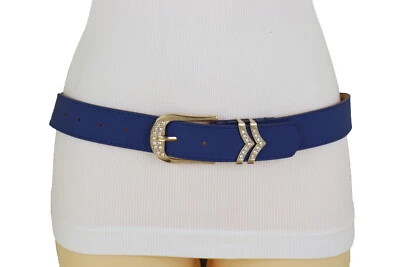 Mujeres Clásico Elegante Moda Cinturón Color Azul Dorado Bling Metal Hebilla Ajuste Talla S M Foto 1 de 4