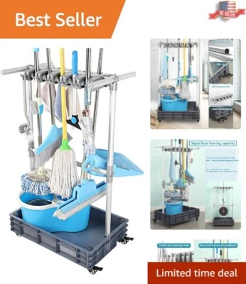 Soporte para fregona y escoba montado en el piso de 12 bastidores con ruedas para un almacenamiento eficiente Foto 1 de 4