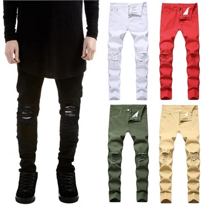 Mens Ripped Denim Pants Stretch Skinny Casual Distressed Slim Fit Trousers Jeans - image 1 of 4
