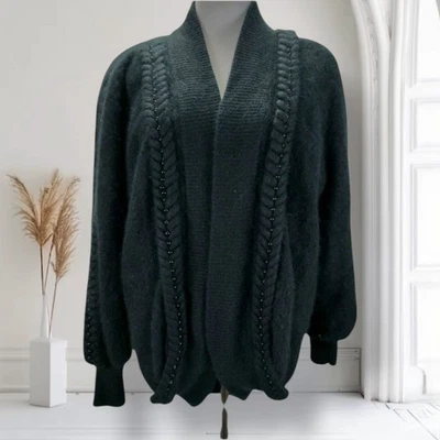 Vintage 80s Black Fuzzy Angora Knit  Cocoon Jacket Size S Relaxed Fit Bead Trim - Image 1 of 4