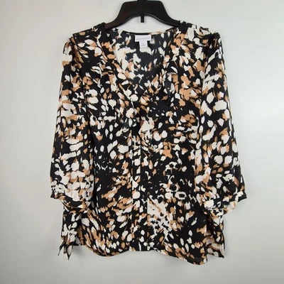 Liz Claiborne Brown Black 3/4 Sleeve Blouse Abstract Print Ruffle V-Neck XL Top - Image 1 of 4