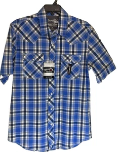 NUEVO CON ETIQUETAS WRANGLER 20X COMPETITION Camisa Occidental Azul a Cuadros SS Snap Talla Med - Imagen 1 de 6