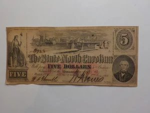 Civil War Confederate 1863 5 Dollar Bill Raleigh North Carolina Paper Money VTG  - Picture 1 of 2