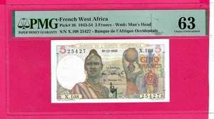 French West Africa 5 Francs 1943-54 Pick36 PMG 63 Choice UNC (TK 18 468) - Picture 1 of 2