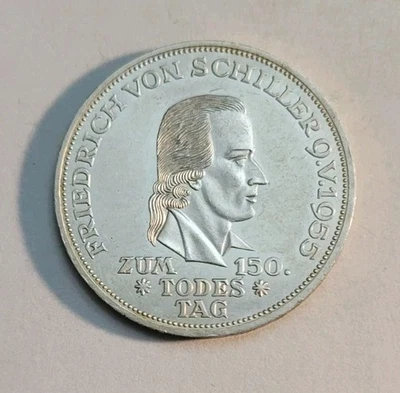 1955 J (UNC) Germany -5 Deutsche Mark  Von Schiller Commemorative Silver Coin - Image 1 of 4