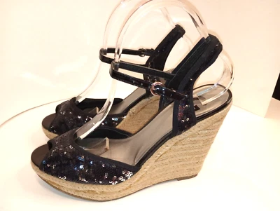 NUEVO SIN ETIQUETAS 9,5 M EE. UU. Sandalias Alpargata Lentejuelas Negras Cuña G por Guess fotos de la vida real Foto 1 de 4