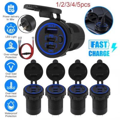 12V-24V QC3.0 & PD USB C Car Fast Charger Power Socket Outlet for Boat RV Marine - Image 1 of 4