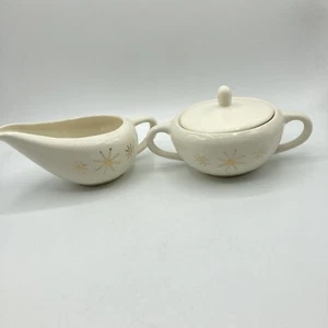 Vtg Scio Pottery Starlite Creamer Lidded Sugar Set Gold Atomic Stars Snowflake - Picture 1 of 17