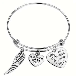 925 Sterling Silver Always in My Heart Best Friend Paw Angel Wing Bangle Cuff - Picture 1 of 6