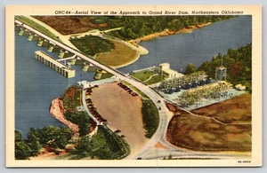 Postcard Aerial View of the Approach to Grand River Dam Oklahoma Linen - Picture 1 of 2