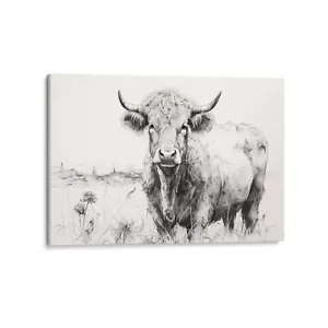 Black & White Highland Cow On A Farm, Wall Art Canvas, Drawing Style 24x36 - Picture 1 of 8