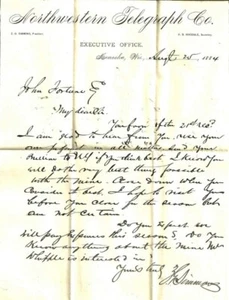 NORTHWESTERN TELEGRAPH ZG SIMMONS 1884 MINING LETTER FORTUNE PARK COUNTY WHIPPLE - Picture 1 of 2
