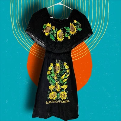 Handmade Mexican Sunflower Embroidered Off Shoulder Black Dress Boho S/M - Image 1 of 2