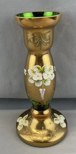 Glashütte Slawien Böhmen Kunstglas Vase Handarbeit Tschechien Gold & Grün 8" - Bild 1 von 10
