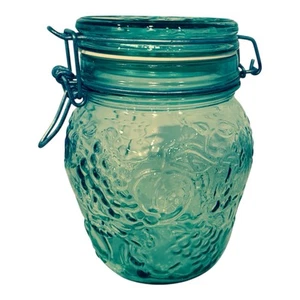 Vintage Libbey Green Glass Canister Fruit Embossed Hinged Lid With Seal 6.5” - Picture 1 of 6