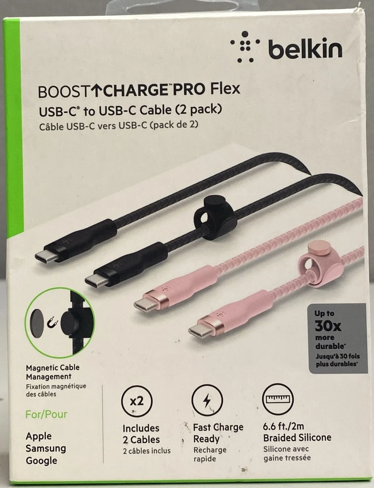 Cable Belkin Boost Charge Pro Flex USB-C a USB-C (paquete de 2) negro y rosa Foto 1 de 3