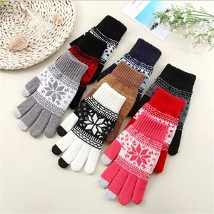 Mens Snowflake Design Smart Warm Knitted Gloves Fleece Touch Screen Ladies - Picture 1 of 22