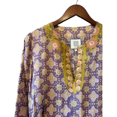 Alicia Bell | Top túnica para dormir con estampado de bloques de mano púrpura seda-algodón | Talla pequeña Foto 1 de 4