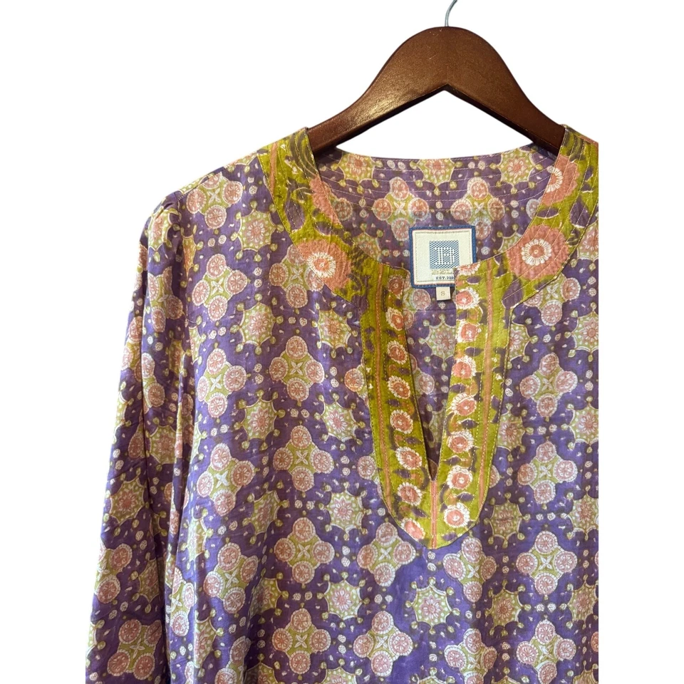 Alicia Bell | Top túnica para dormir con estampado de bloques de mano púrpura seda-algodón | Talla pequeña Foto 1 de 4