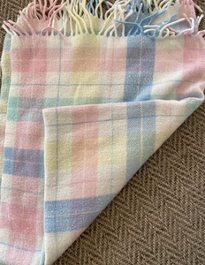 Vintage Pastel Plaid Baby Blanket With Fringe 41x35” Unisex Acrylic Soft - Picture 1 of 4