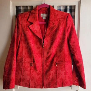 TanJay Women's Red Floral Zip Long Sleeve Zip Front Blazer / Jacket Size 8P - Picture 1 of 5