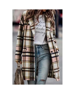Azura Exchange Plaid Long Coat with Pockets Women Pink Jackets - Picture 1 of 5