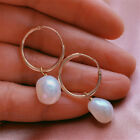 Natural Dangle White Baroque Pearl Earrings With 18Kgp Wedding Women Jewelry