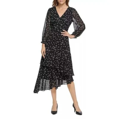 Karl Lagerfeld Dress Womens Size 2 Black Floral-Print Asymmetrical  *NO BELT* - Image 1 of 4