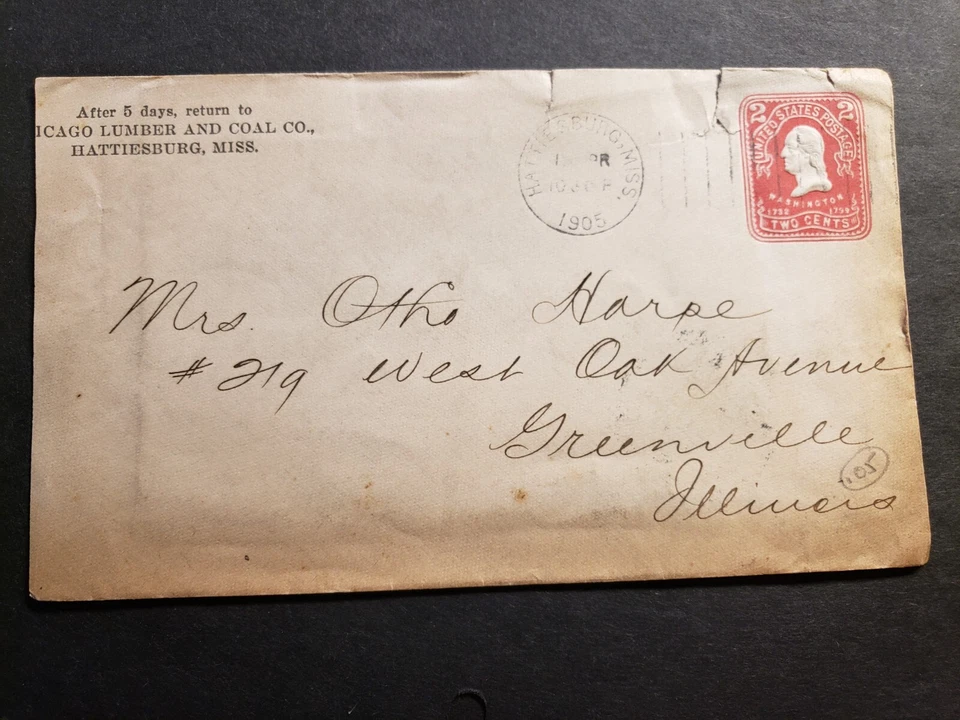 CHICAGO LUMBER & COAL Co, HATTIESBURG, MISS 1905 Postal History Cover MS to IL - Image 1 of 2