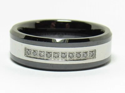 Ceramic Stainless Steel 10 Diamond Ring Mens Sz 12 Wedding 7mm Band Comfort Fit - Image 1 of 4