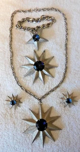 VINTAGE Brutalist Parure Set Silberfarben Blau Cabochons Halskette Armband Brosche - Bild 1 von 13