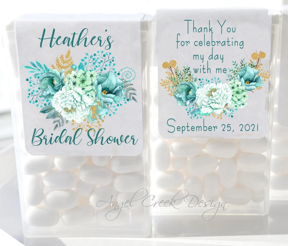 Bridal Shower Favors Mint & Teal Flowers Tic Tac Labels Candy Wrapper Favors - Image 1 of 1