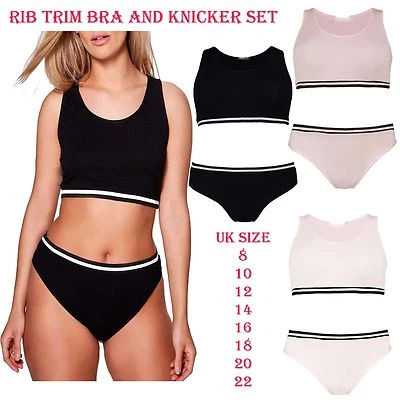 Sujetador deportivo con ribete de costilla para mujer sujetador tanga y conjunto corto con caja y juego de knicker de etiquetas Foto 1 de 4