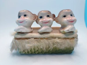 Vintage Moriyama Pottery Three Little Monkeys In Fur Lined Tub Made In Japan '50 - Picture 1 of 11