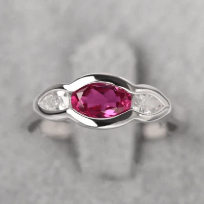 925 Sterling Silver Pink Ruby Women Ring Lab Created Gemstone Three Stone Ring - Image 1 of 4