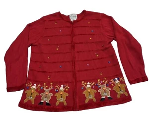 The Quaker Factory Christmas Reindeer Cardigan Sweater Woman’s Large Full Zip - Picture 1 of 12