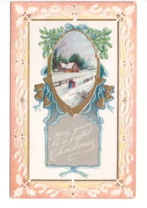 May Yours Be A Joyful Christmas, Winter Scene, Vintage 1910 Embossed Postcard - Foto 1 di 2