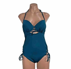 Shade & Shore Teal Blue Lace Up Underwire CHEEKY One Piece Swimsuit 34D - Picture 1 of 12