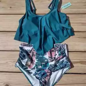 NEW S Women's Bikini Green Plam Leaves 2pc Bathing Suit Ladies Beach Pool Summer - Picture 1 of 3