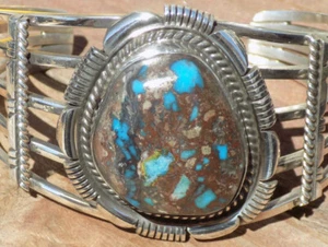 Sterlingsilber großes natürliches 46 ct Bisbee Türkis Armband Navajo Russell Sam - Bild 1 von 12