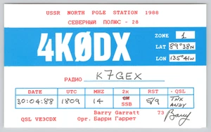 Postal QSL 4K0DX URSS URS Estación Polo Norte Rusia CB Radio Барри Гаррет 1988 - Imagen 1 de 2