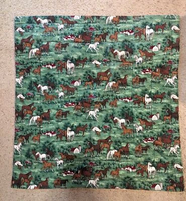 Equestrian Themed Horses with Red Barn Quilted Crib Blanket 43" by 41.5" - Image 1 of 4