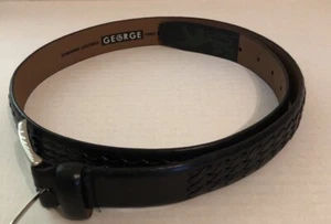 Black Leather Belt Criss Cross Stitch Pattern Genuine Leather George - Picture 1 of 5
